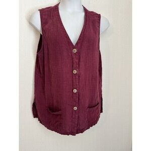XCIT USA 100% Linen Button Up Vest Tank Top Size L  Sleeveless Burgundy Pockets